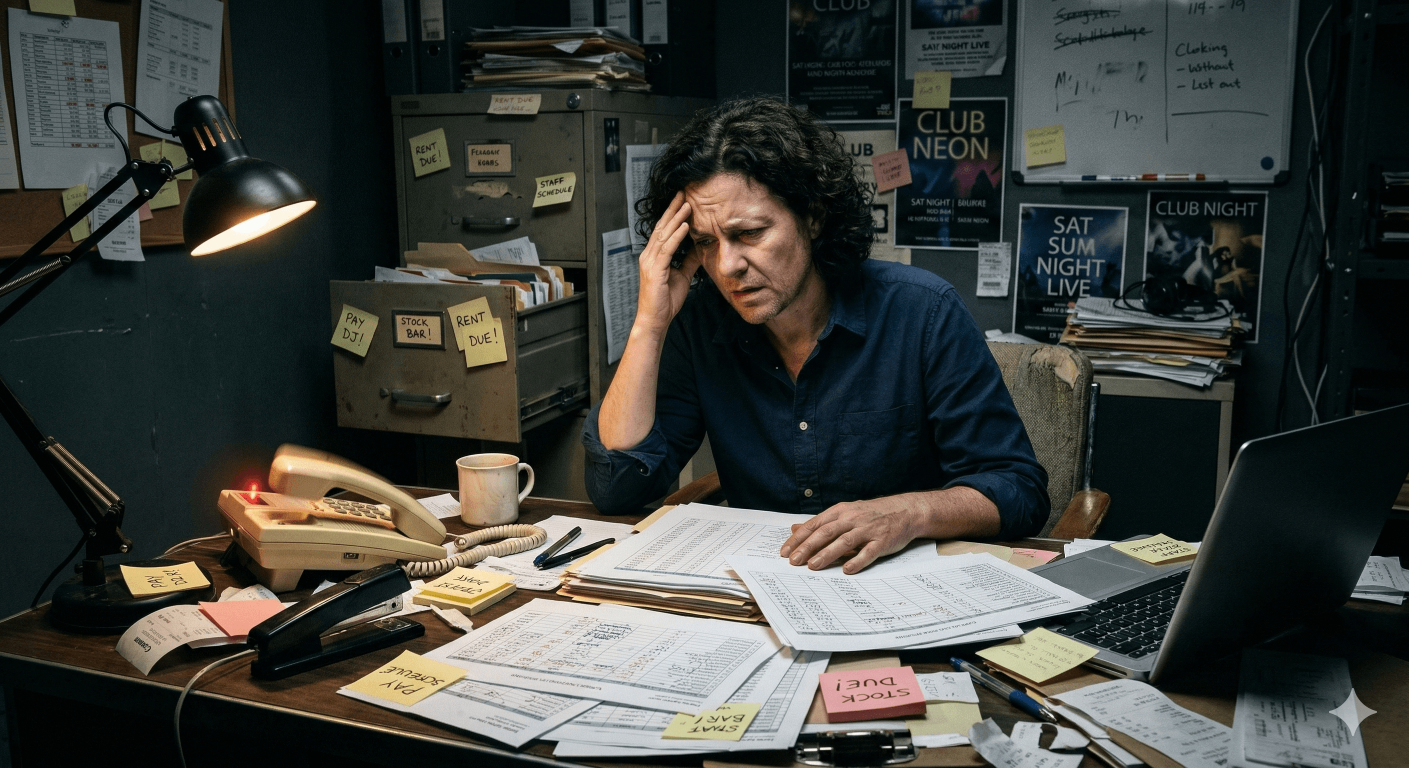 Mesa desorganizada com planilhas e processos manuais